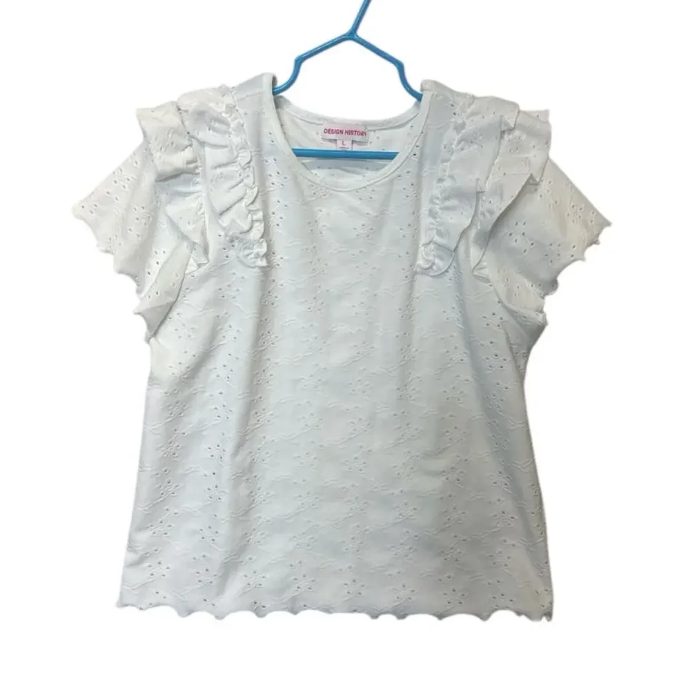 Design History Girls White Eyelet Ruffle Top Size Large Short Sleeve Boho NEW